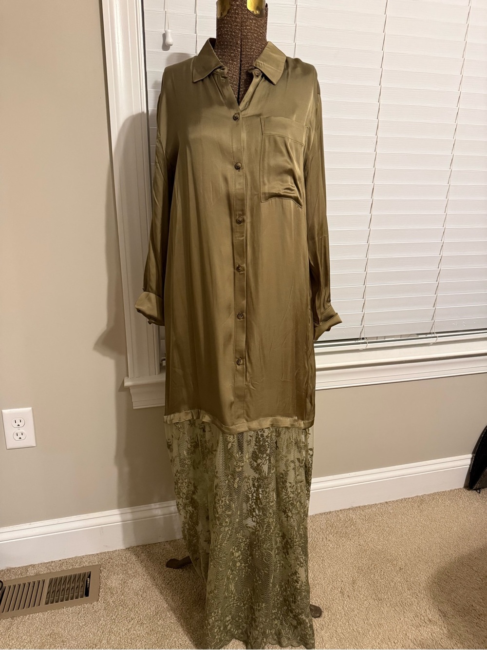 Anthropologie Olive Green Satin Shirt Maxi Dress with Lace Skirt